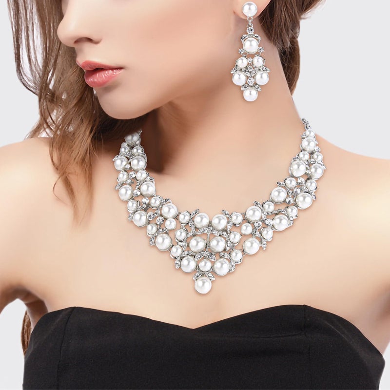 BriLove Wedding Bridal Simulated Pearl Jewelry Set for Women Crystal Cluster Statement Necklace Dangle Earrings for Party Prom Clear Silver-Tone - Image 2